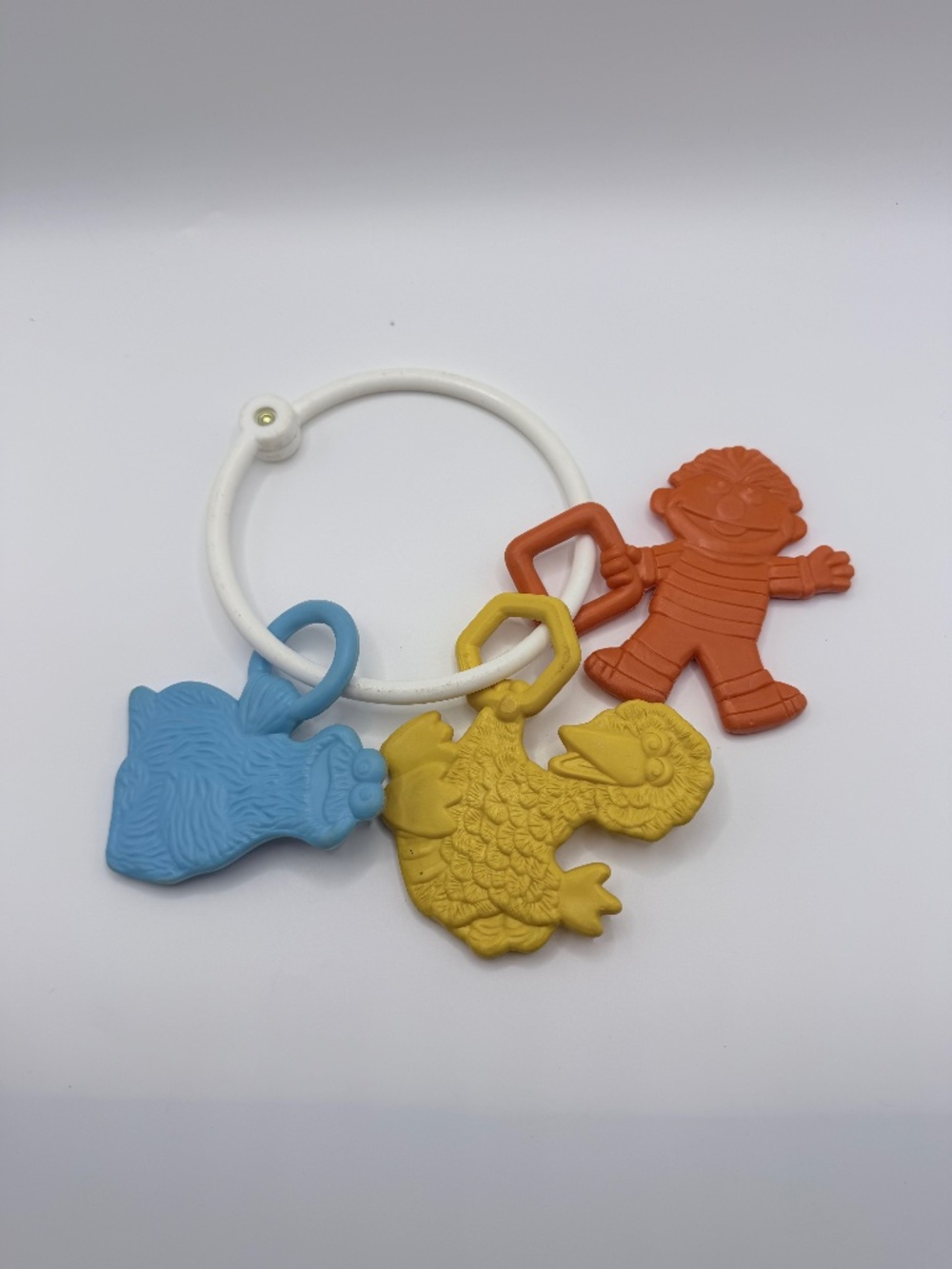 Vintage 1980s Sesame Street Ernie Big Bird Cookie Baby Rattle Ring Plastic Toy